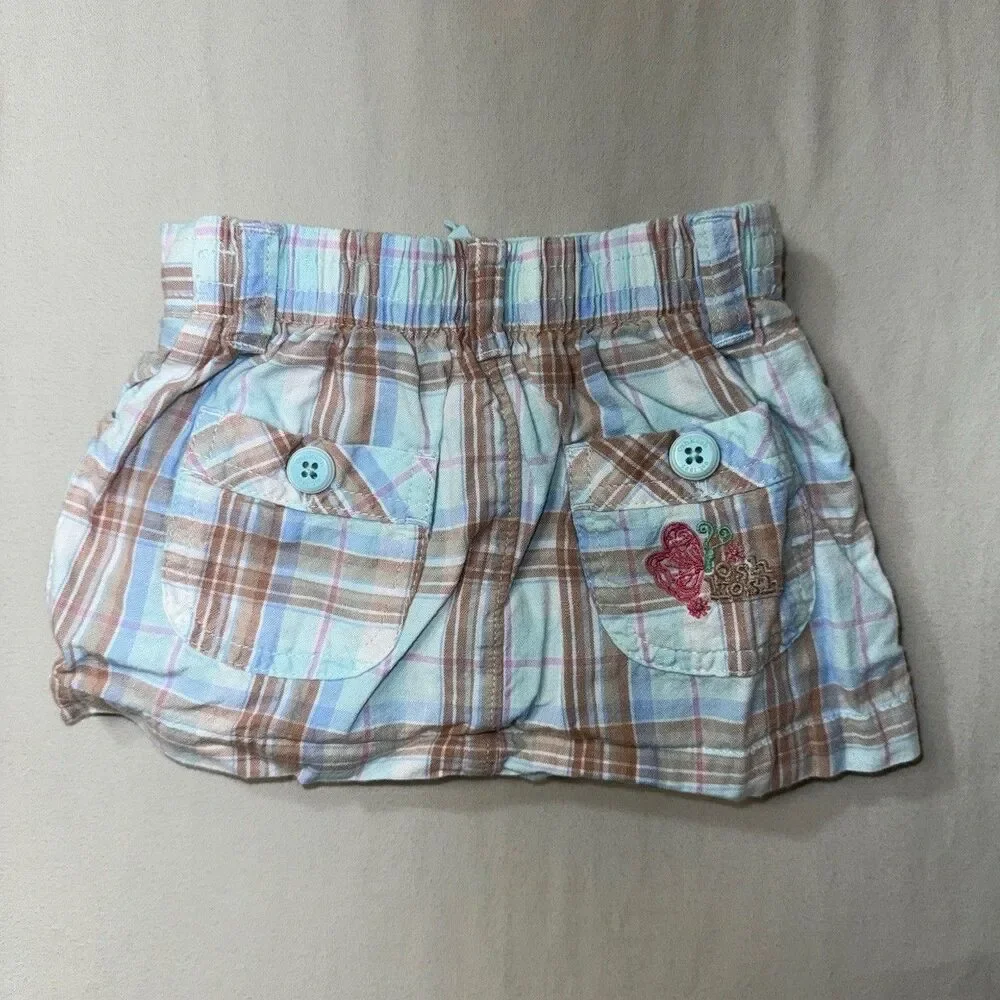 OshKosh Plaid Skirt Girl's 12M Baby Elastic Waist Blue Ribbon Bloomers Summer